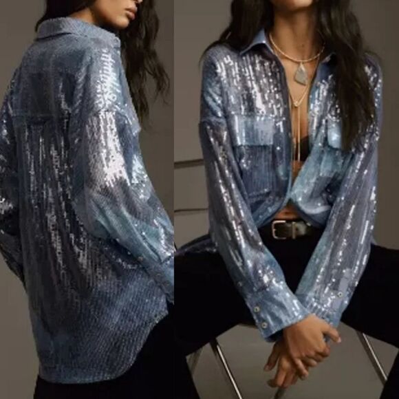 NEW ANTHROPOLOGIE PILCRO Long-Sleeve Oversized Sequin Button down Shirt M L XL - Picture 1 of 5